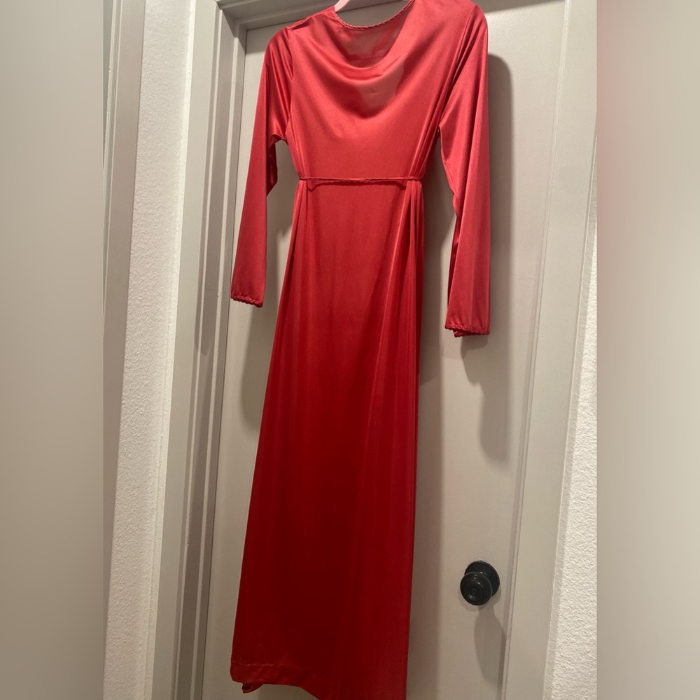 VTG Gilead 70s Fuchsia Hot Pink Deep V-Neck Lace Trim Maxi Wrap Dress Robe - S - Picture 12 of 16